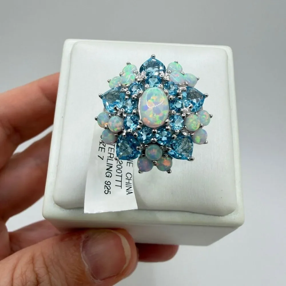 NWT Lab created‎ Opal, genuine blue topaz STATEMENT ring in sterling silver!